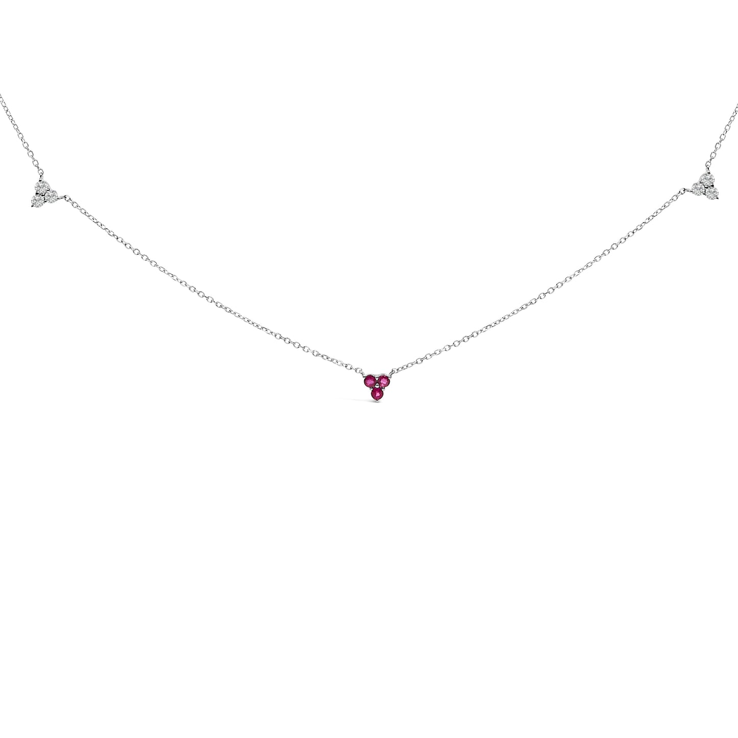 14K White Gold 1/5 Cttw Diamond and Ruby Tri Station Necklace