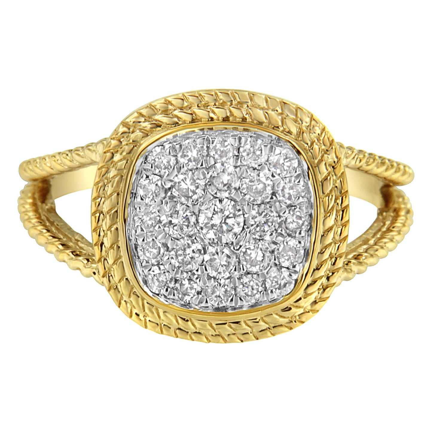 10K Yellow Gold Plated .925 Sterling Silver 1/2 Cttw Diamond Square Cushion Cluster Split Shank Cocktail Ring (J-K Color, I2-I3 Clarity) - Size 7