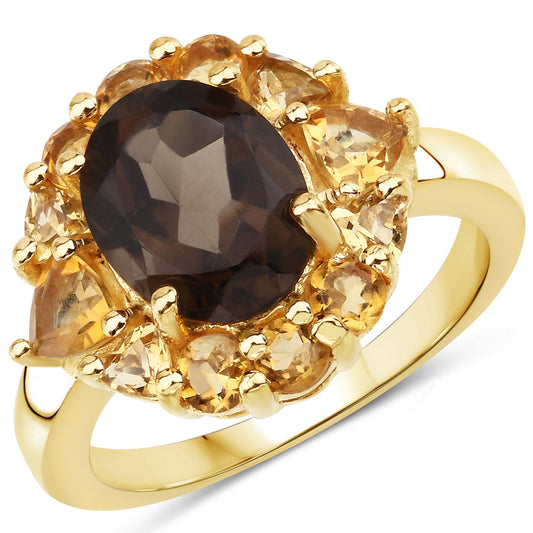 4.00 Carat Genuine Smoky Quartz and Citrine .925 Sterling Silver Ring