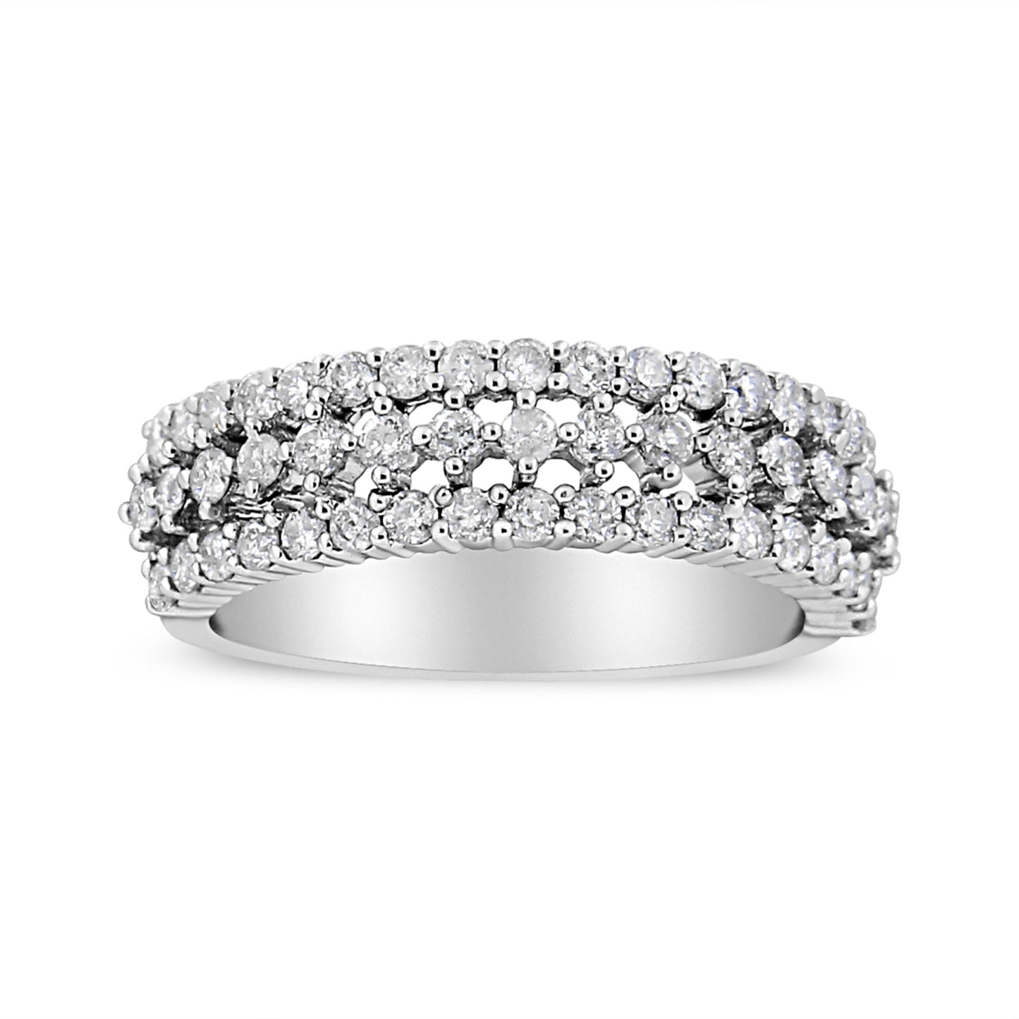14K White Gold 1.0 Cttw Prong Set Round Diamond Split Shank Three Row Band Ring (H-I Color, I2-I3 Clarity) - Size 6