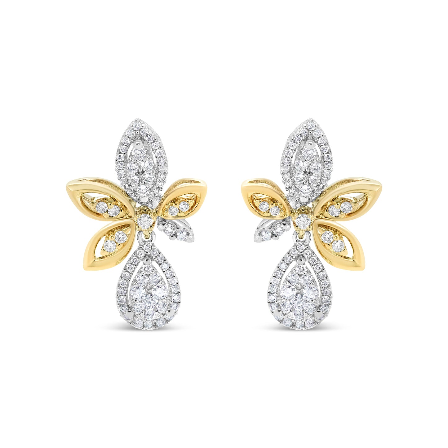 14K White and Yellow Gold 1.00 Cttw Round Pave-Set Diamond Teardrop and Marquise Shape Drop Dangle Earrings (H-I Color, SI1-SI2 Clarity)