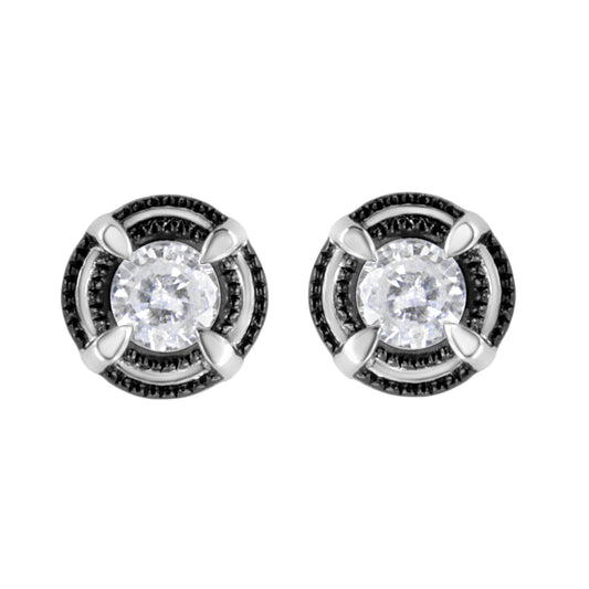 Black Rhodium Plated .925 Sterling Silver Round 1-1/2 cttw Diamond Double Halo 4-Prong Solitaire Milgrain Stud Earrings (H-I Color, I2-I3 Clarity)