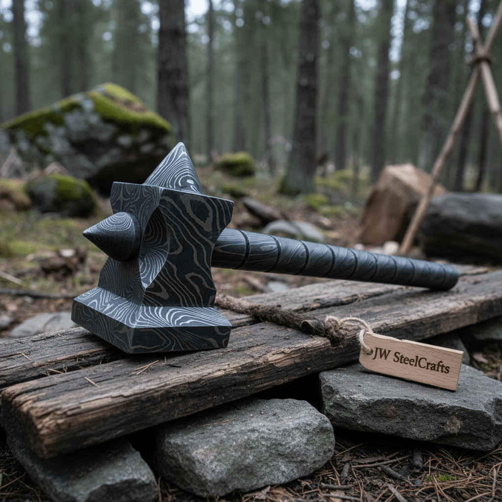 Sculpted Damascus Steel War Hammer 12" Handmade Full Damascus Collectible Piece