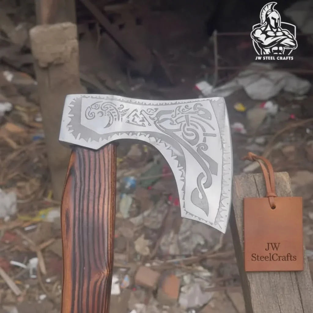 Engraved Carbon Steel Ragnar Axe with Bearded Head
