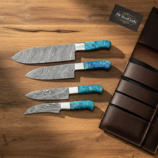 4-Piece Damascus Chef Knife Set — 8" Gyuto, 6" Utility, 5" Petty & 4" Paring with Teal Blue Resin Handles & Silver Bolsters