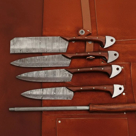 4-Piece Handmade Damascus Kitchen Knife Set – Rosewood Handles, Steel Bolsters & Brass Pins | Chef, Santoku, Cleaver & Utility | Leather Roll & Honing Rod Included