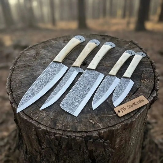 High Carbon Steel Butcher Knife Set – Cleaver, Chef, Slicer, Boning & Utility Knives, Hand Engraved Blades, Bone Handles, Full Tang