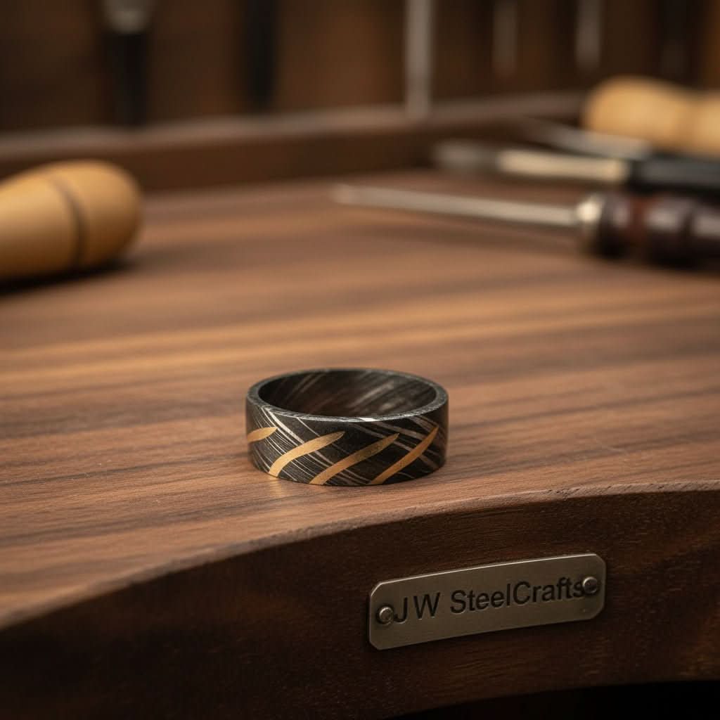Black Damascus Gold Stripe Ring with Diagonal Multi-Stripe Inlay