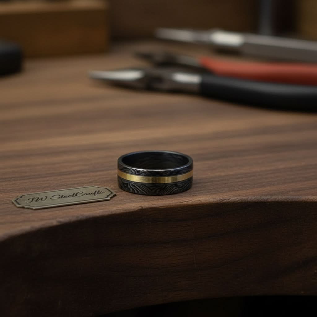 Black Damascus Offset Gold Inlay Ring with Asymmetric Gold Line