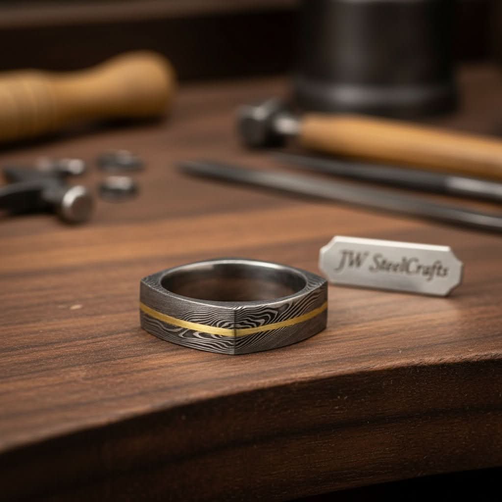 Square Damascus Gold Inlay Ring with Single Gold Line