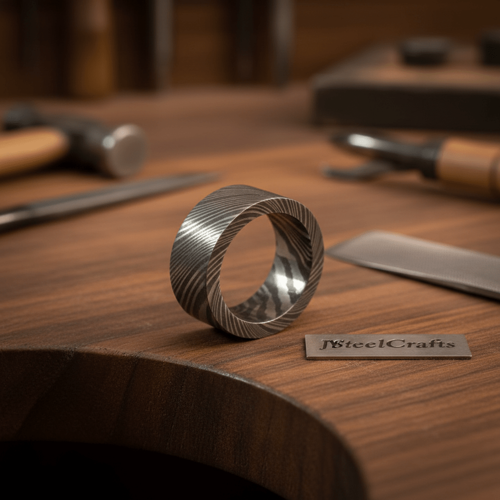 Flat Damascus Wedding Band with Wide Squared Edges