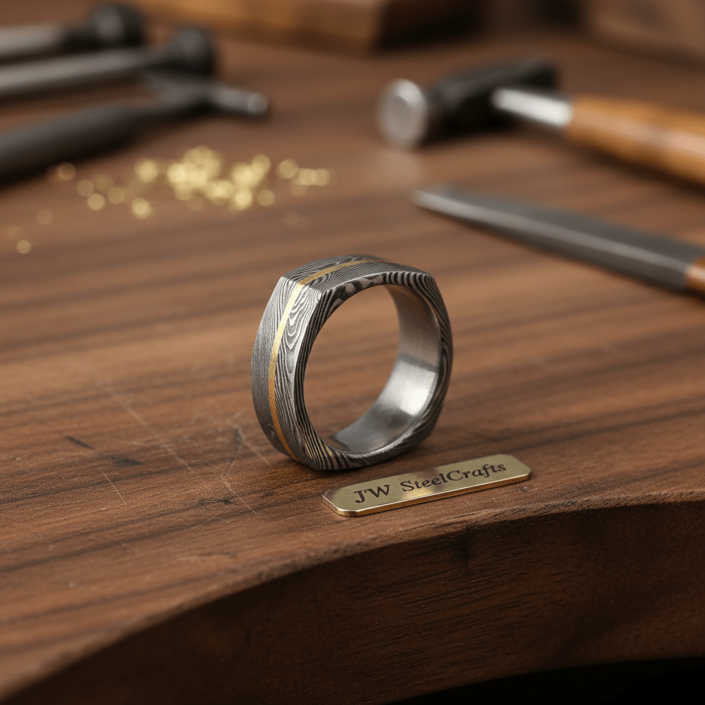 Square Damascus Gold Inlay Ring with Single Gold Line