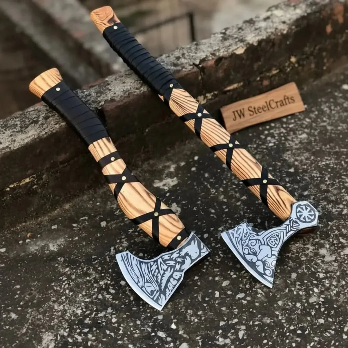 Fenrir Wolf Viking Axe Pair with Acid Etched Bearded Heads
