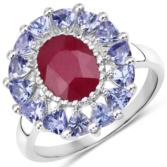 3.70 Carat Glass Filled Ruby and Tanzanite .925 Sterling Silver Ring