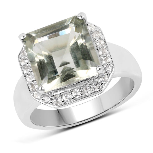 4.52 Carat Genuine Green Amethyst and White Topaz .925 Sterling Silver Ring