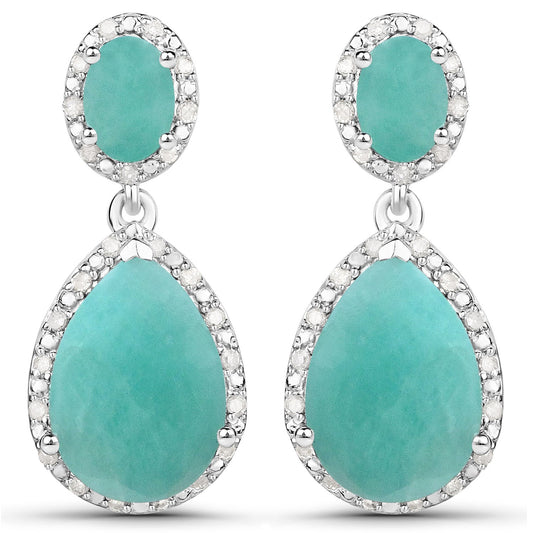 9.64 Carat Genuine Emerald and White Diamond .925 Sterling Silver Earrings