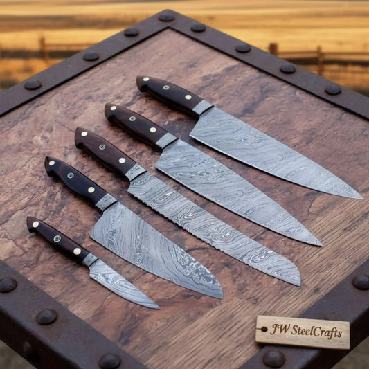 5-Piece Damascus Gyuto Petty Knife Set with Black Micarta Handles