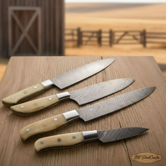 4-Piece Damascus Bunka Knife Set with Camel Bone Handles