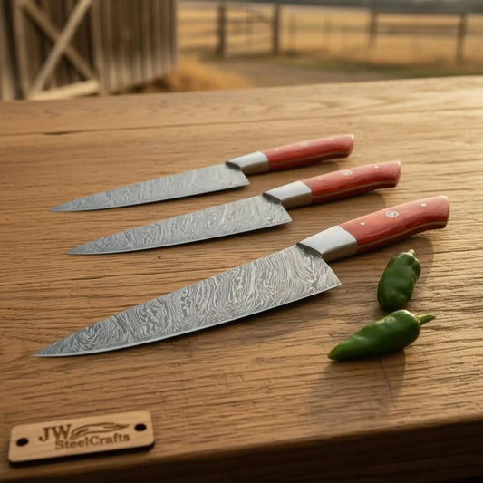 3 Piece Handmade Damascus chef Knife Set Red Pakka Wood Handles