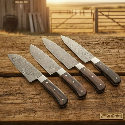 4-Piece Damascus Chef Knife Set with Rosewood Handles — Wood Grain Damascus Blades