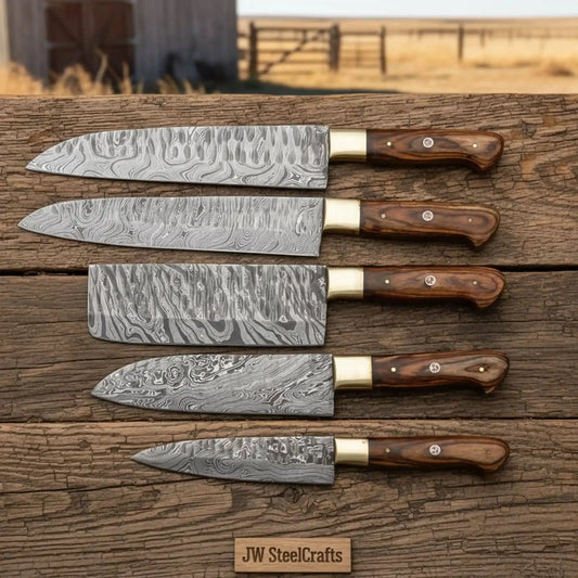 5-piece Damascus Cleaver Nakiri Chef Knife Set with Pakka Wood Handles