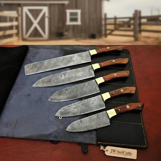 5-Piece Damascus Kitchen Knife Set Pakka Wood Leather Roll with Wood Grain Blades