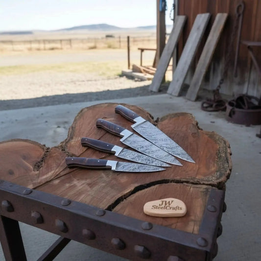 4-Piece Damascus Knife Set Walnut Handle with Floral Pattern Blades