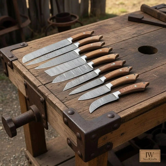 9-Piece Handmade Damascus Knife Set with Walnut Wood Handle