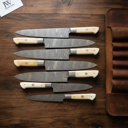 7-Piece Damascus Western Chef and Carving Knife Set — Camel Bone Handles & Wood Grain Damascus Blades