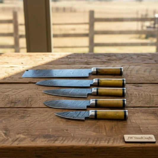 5-Piece Damascus Sujihiki Slicer Set with Feather Damascus Blades