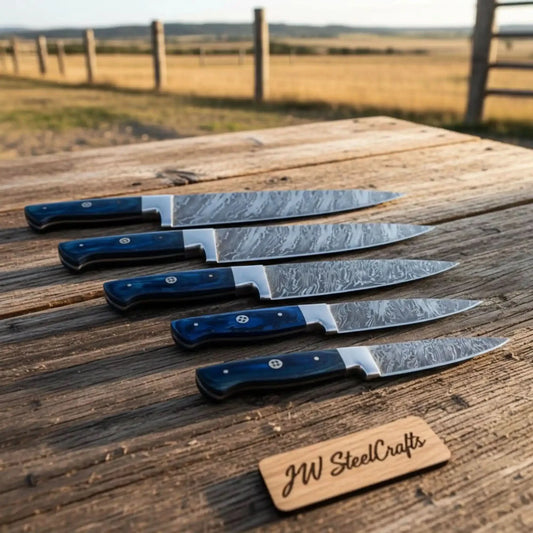 5 Piece Damascus Sujihiki Slicing Knife Set – Fire Pattern Steel, Blue Pakka Wood Handles, Full Tang Roast Carvers