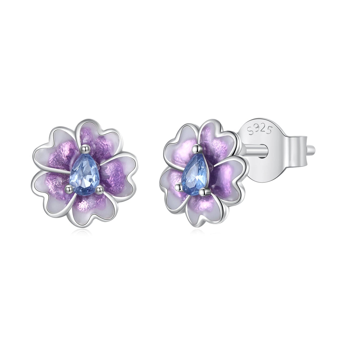 925 Sterling Silver Earrings with Pavé CZ and Enamel Process, 0.8cm, White Gold Plated for Women