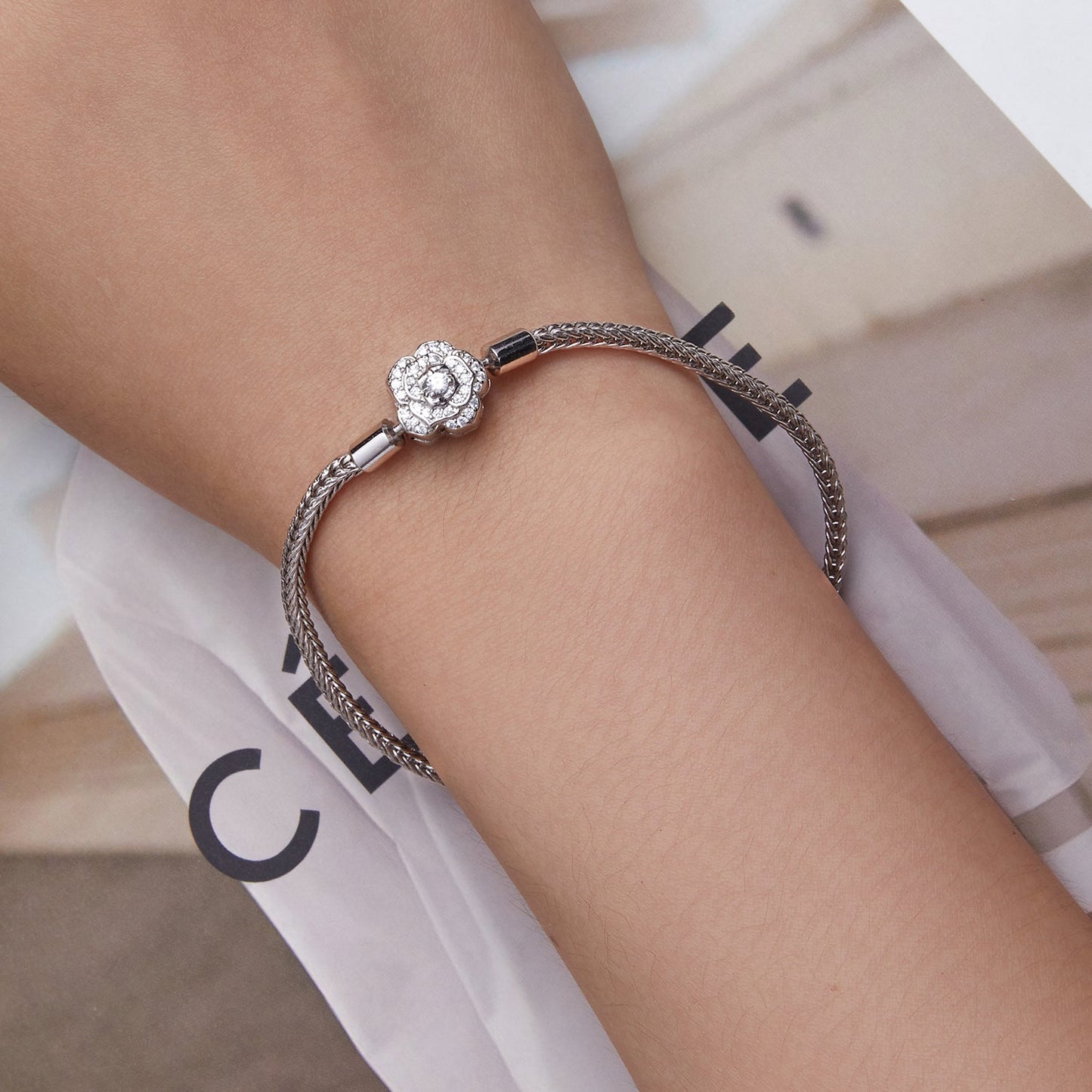 925 Sterling Silver Bracelet with Pavé Setting CZ, 17cm for Women