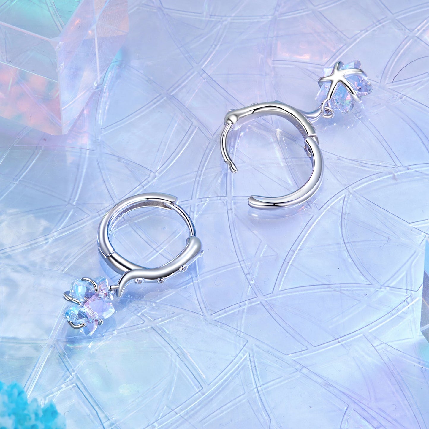 925 Sterling Silver Earrings with Transparent Glass and White Gold Plating for Women