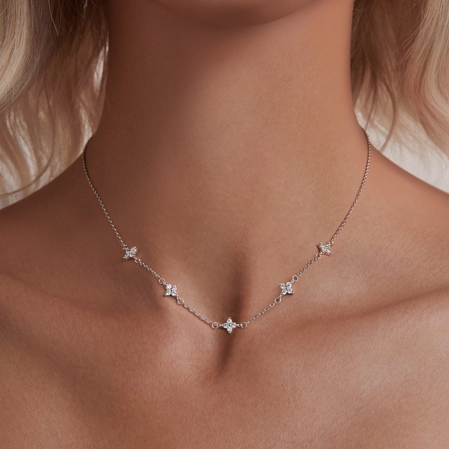 925 Sterling Silver Pave Setting CZ Necklace with White Gold Plating 400mm for Women