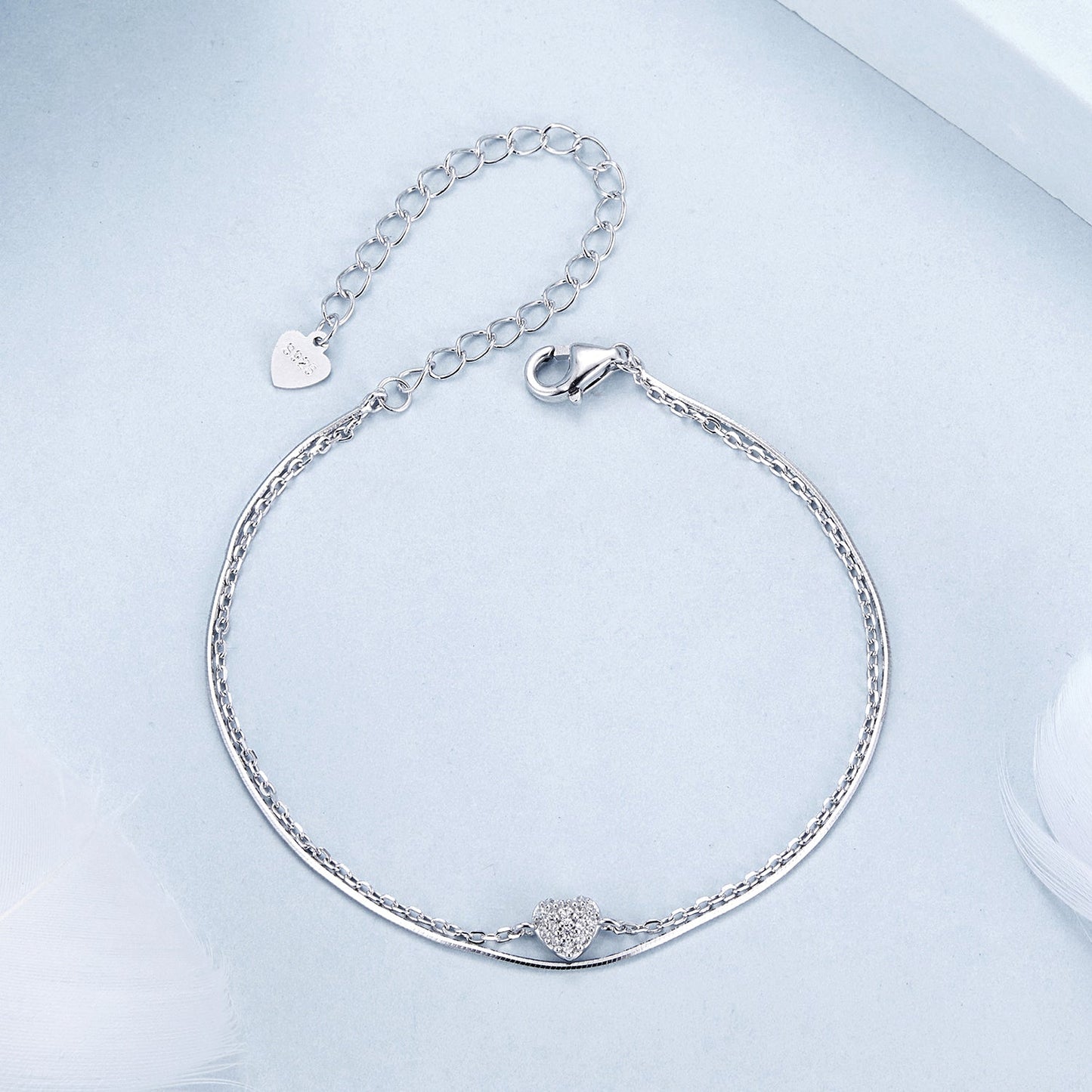 925 Sterling Silver White Gold Plated Heart-Shaped Bracelet with CZ, Length 150+60mm