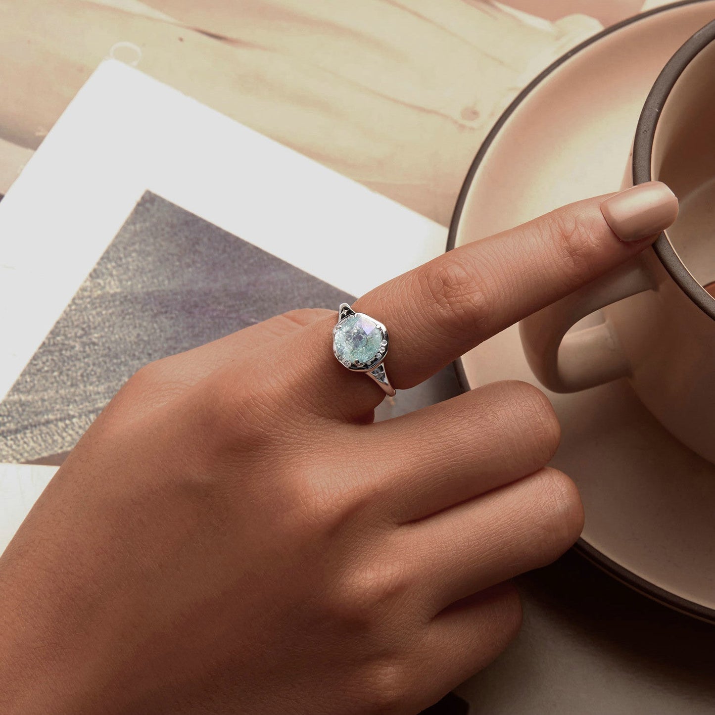925 Sterling Silver Ring Size 6.0 with 11mm CZ & Transparent Glass for Women