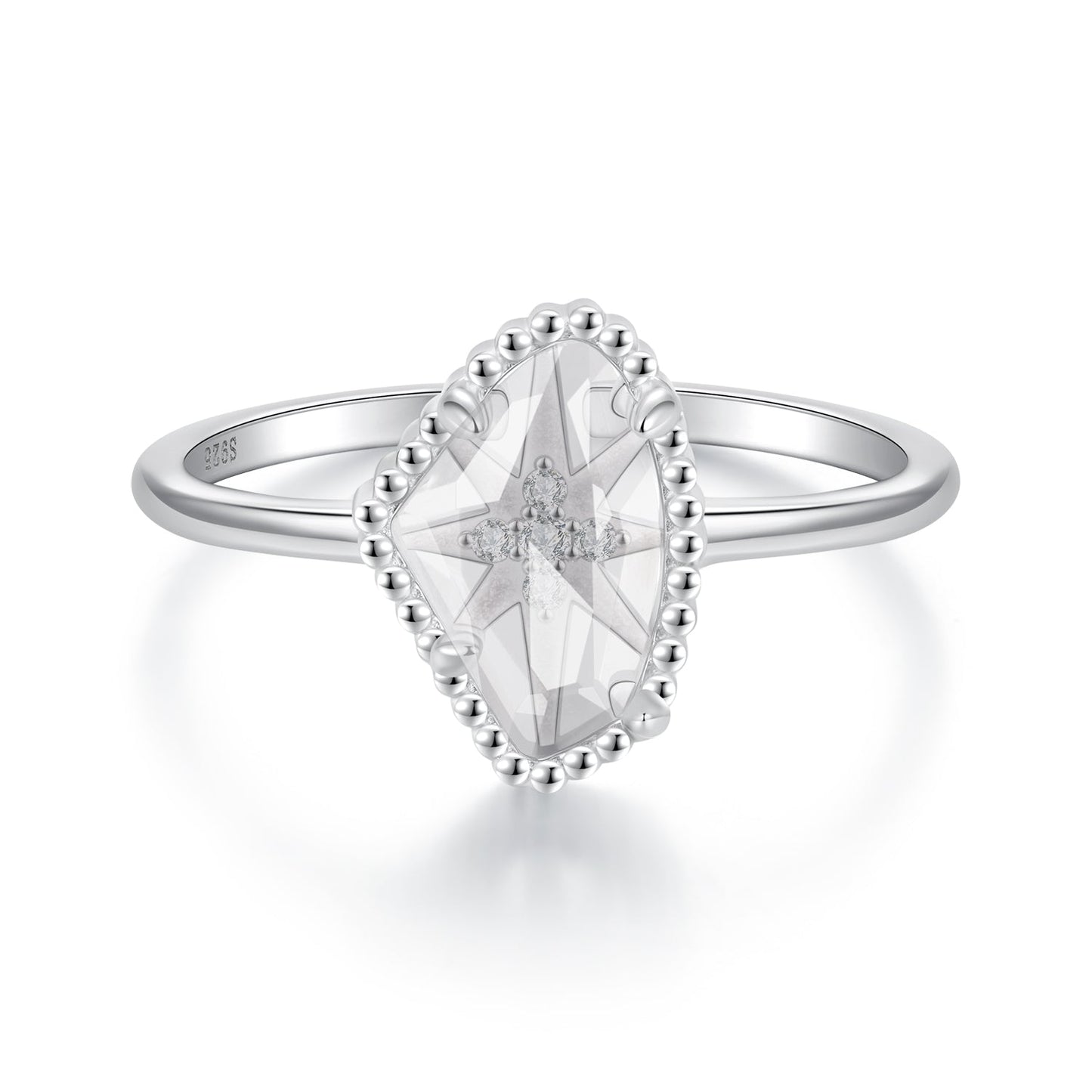 925 Sterling Silver Ring with Transparent Glass and CZ, 0.15cm Width, for Women