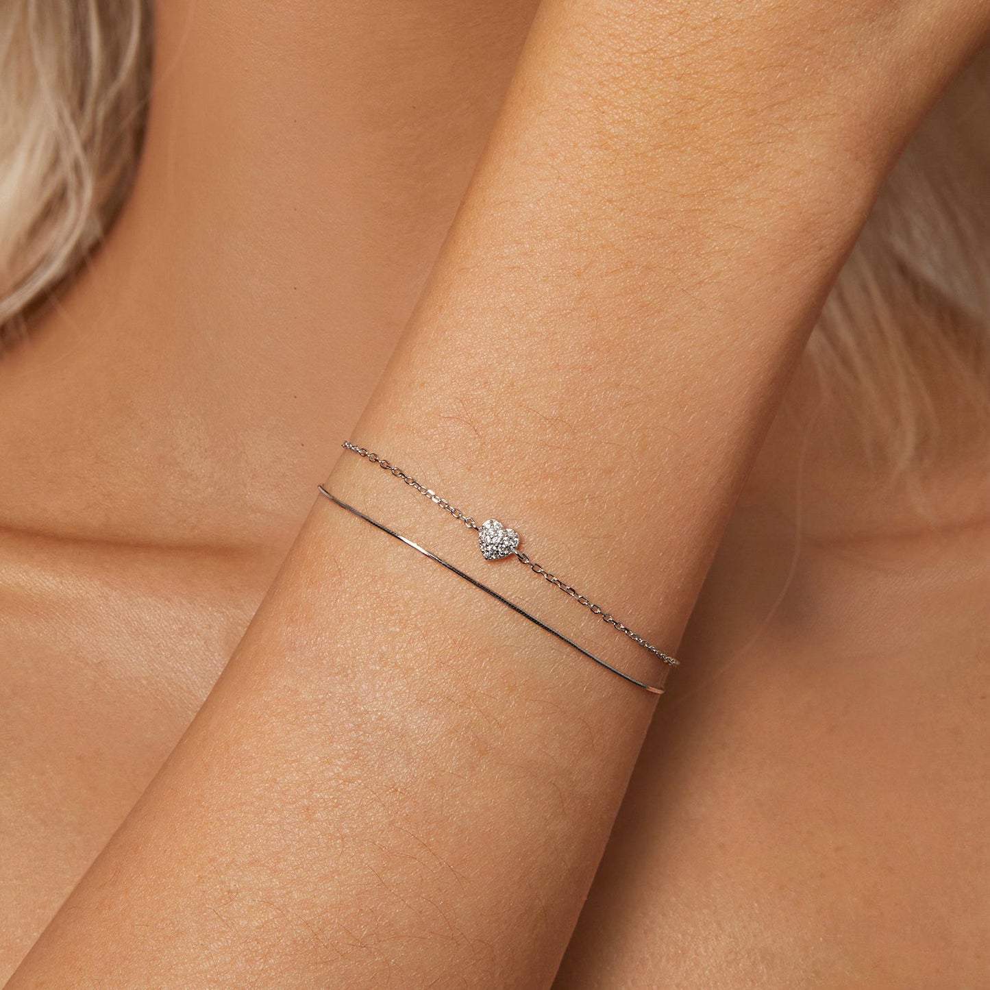 925 Sterling Silver White Gold Plated Heart-Shaped Bracelet with CZ, Length 150+60mm