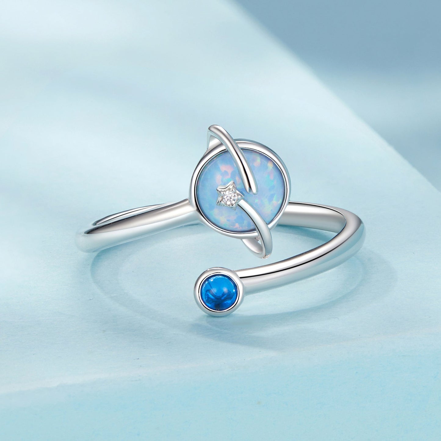 925 Sterling Silver Ring with Pavé Setting, White Gold Plated, with Translucent Opal for Women
