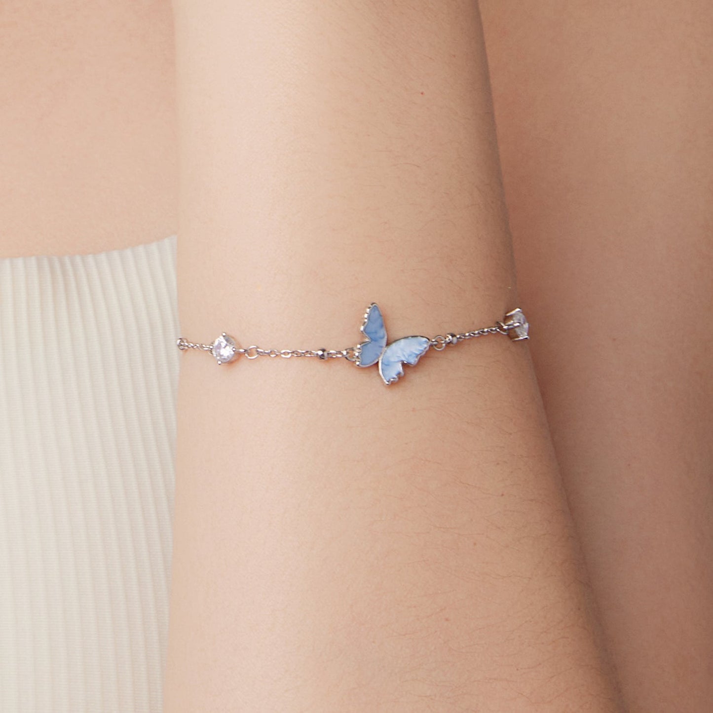 925 Sterling Silver White Gold Plated Bracelet with Enamel and CZ - 15+6cm Length