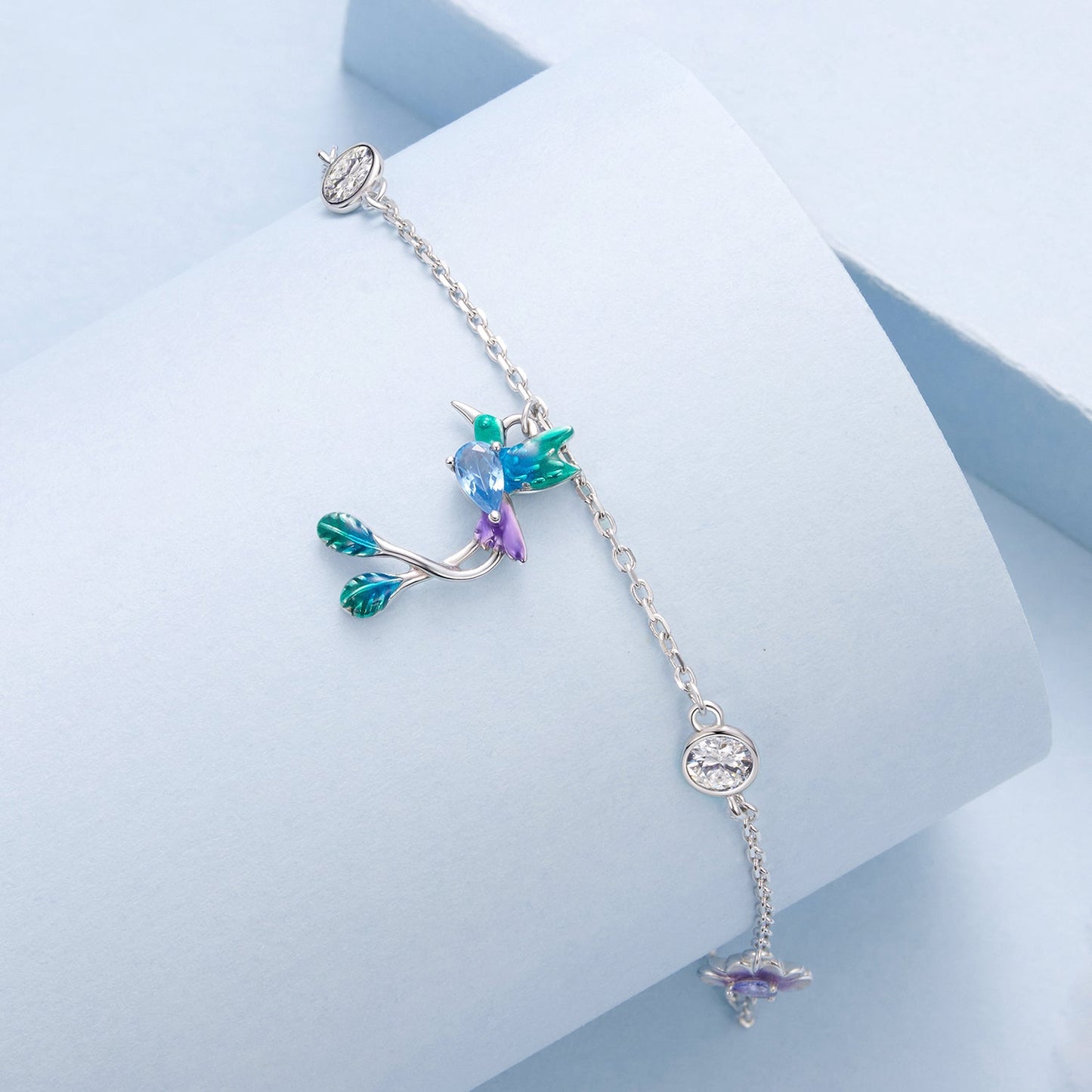 925 Sterling Silver Enamel Pavé CZ White Gold Bracelet for Women 15+6cm
