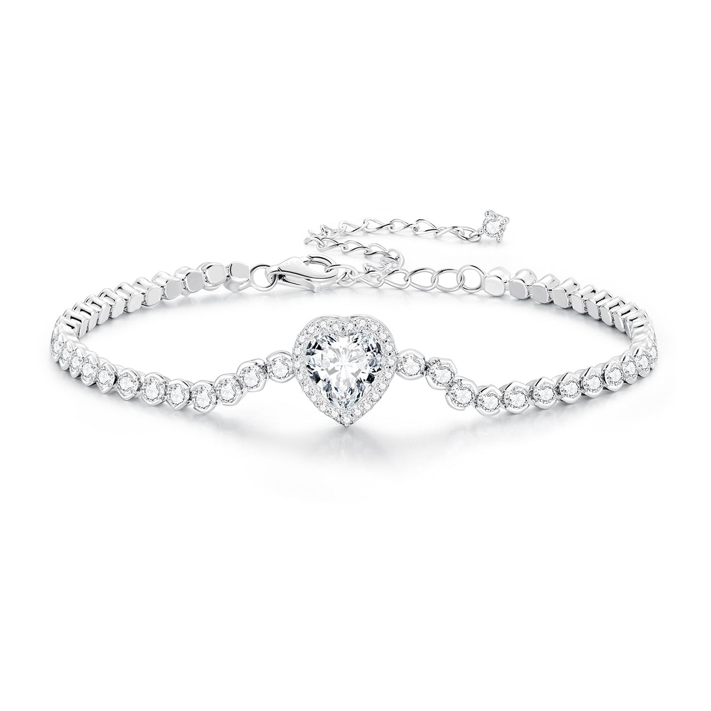 925 Sterling Silver Bracelet with CZ Zircon, 15+6.5cm, Platinum Plated for Women