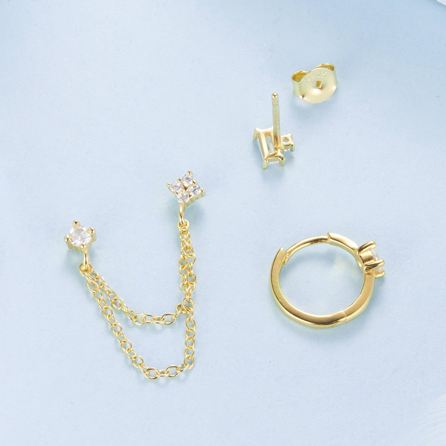 925 Sterling Silver Mini Stud Earrings with Gold Plating and CZ
