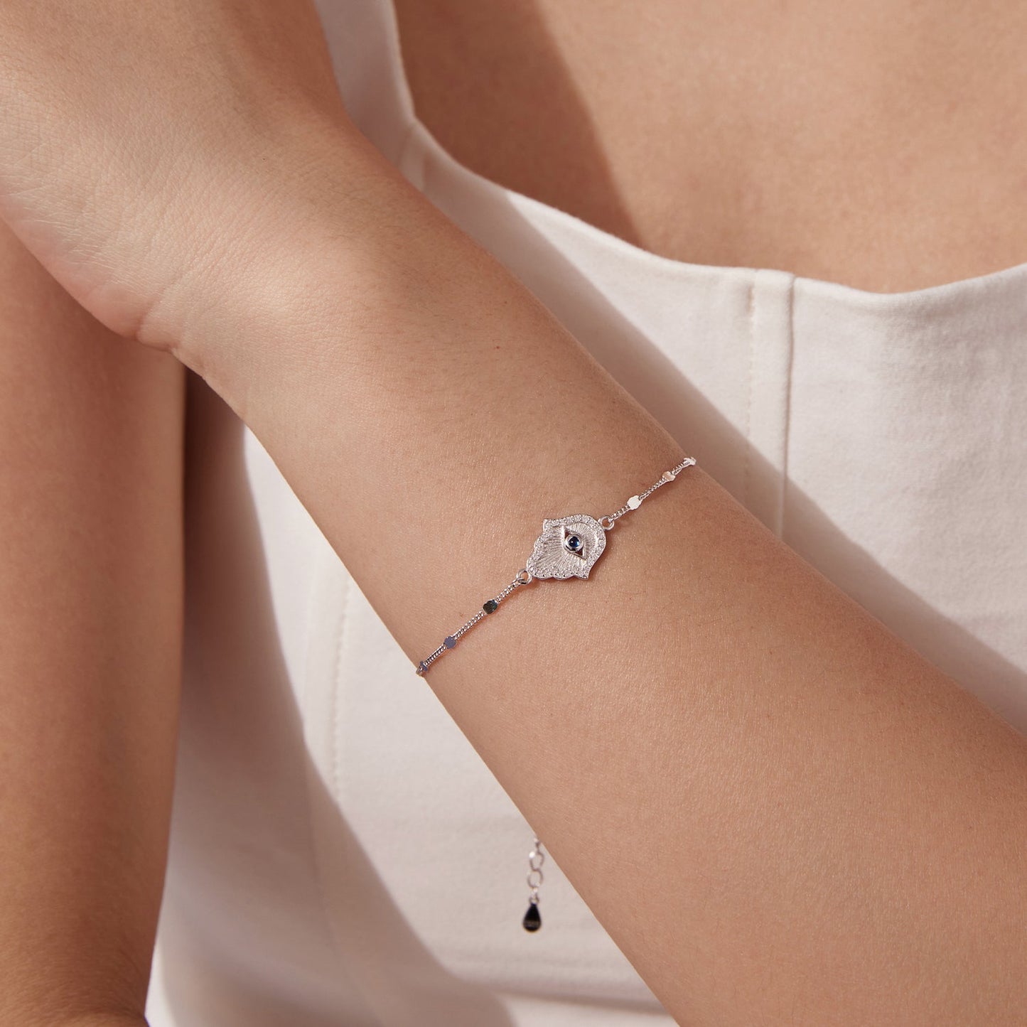925 Sterling Silver + White Gold Plated 15cm Adjustable Bracelet with CZ and Synthetic Spinel for Women