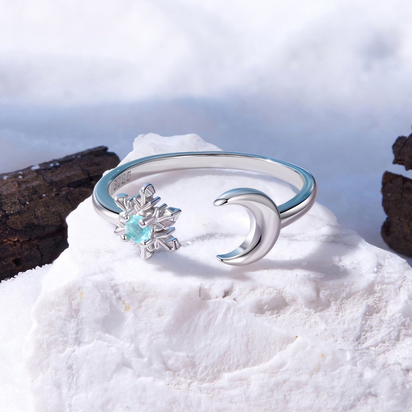 925 Sterling Silver Ring with Glass Snowflakes and Moon for Women