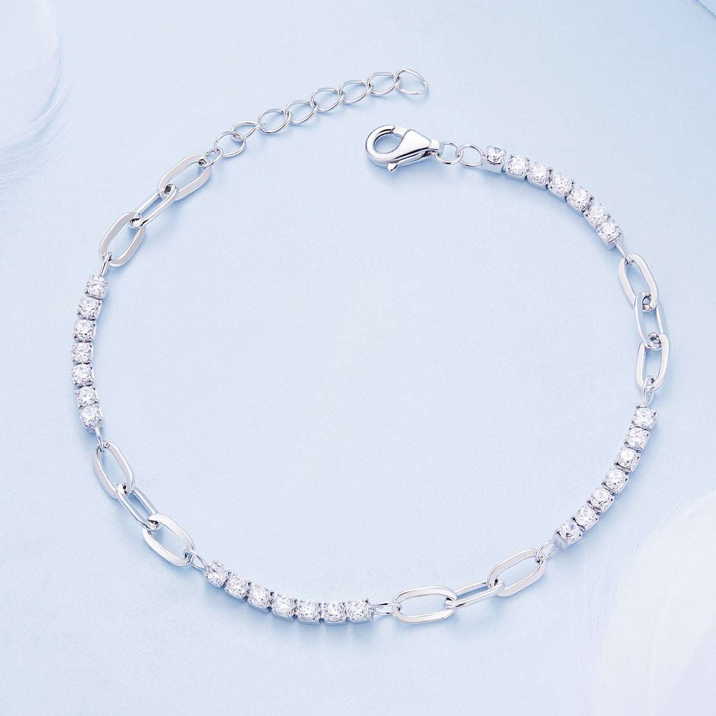 925 Sterling Silver Bracelet with Pavé Setting CZ, Platinum Plated, 14.5+3cm, for Women