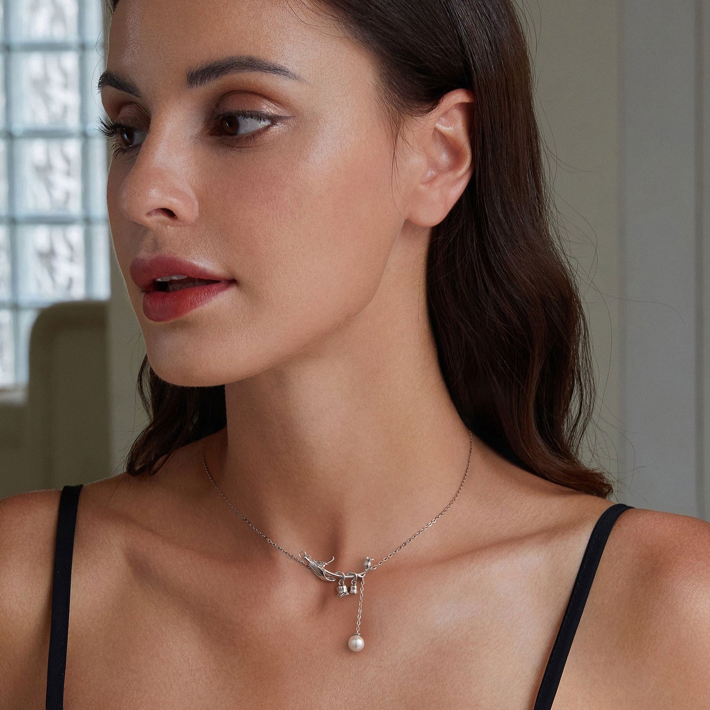925 Sterling Silver Necklace with Quality Shell Pearl & Platinum Plating, 380mm Length for Women
