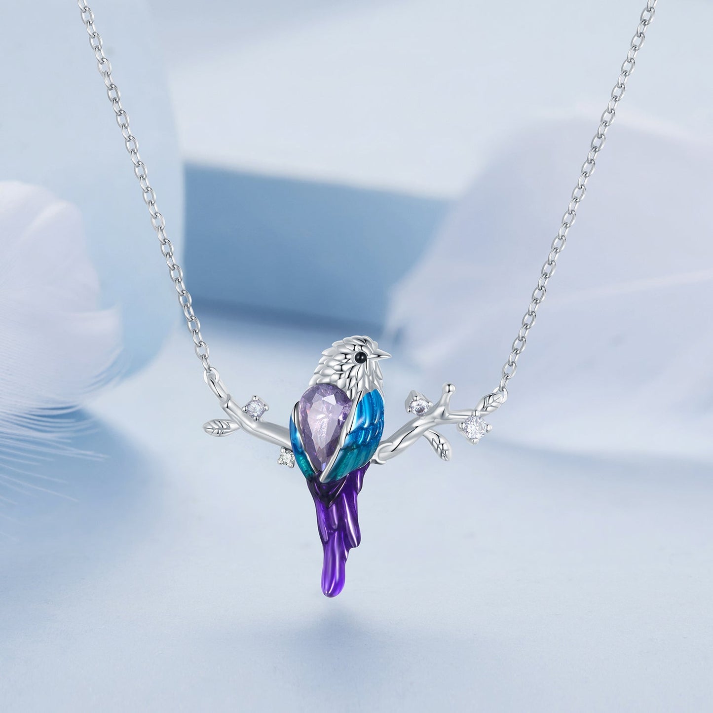 925 Sterling Silver Plated Platinum Pendant Necklace with Enamel and CZ for Women