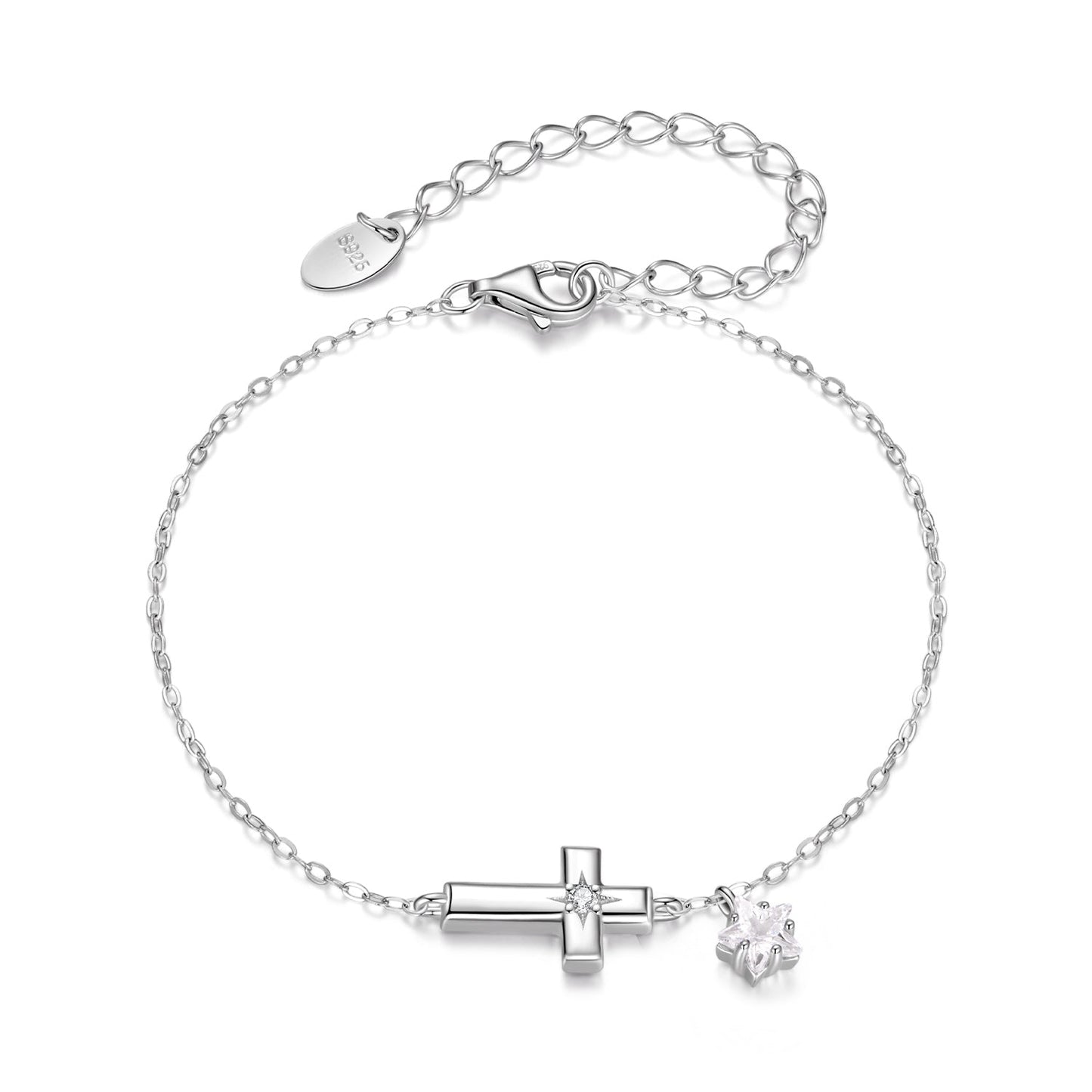 925 Sterling Silver Bracelets with Pavé Setting CZ, Length 15+6cm, White Gold Plated for Women